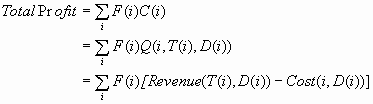 Total Profit = Sum(i)F(i)C(i) = Sum(i)F(i)Q(i,T(i), D(i)) = Sum(i)F(i)[Revenue(T(i), D(i)) – Cost(i, D(i))]