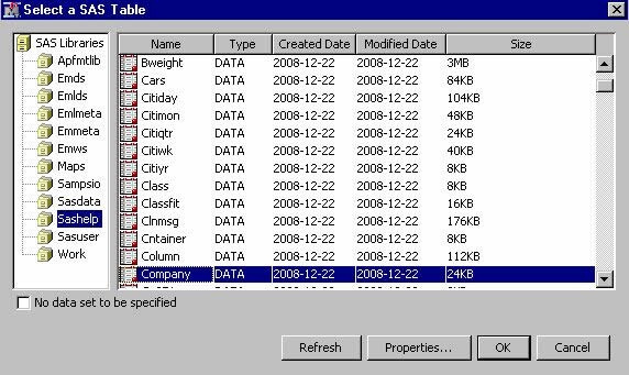 Select a SAS Table window