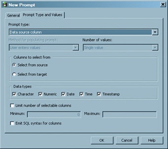 Prompt Type and Values Tab for the Columns to Print Option