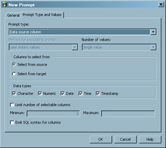 Prompt Type and Values Tab for the Columns to Print Option