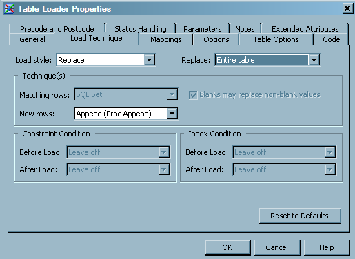 Sample Table Loader Load Technique Selections