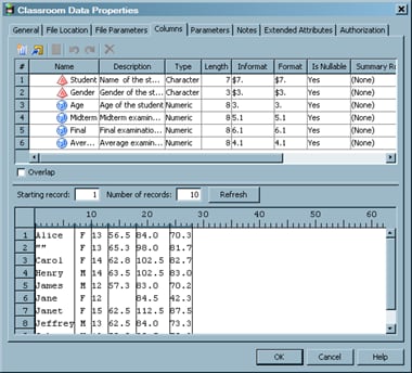 Sample External File Columns Tab