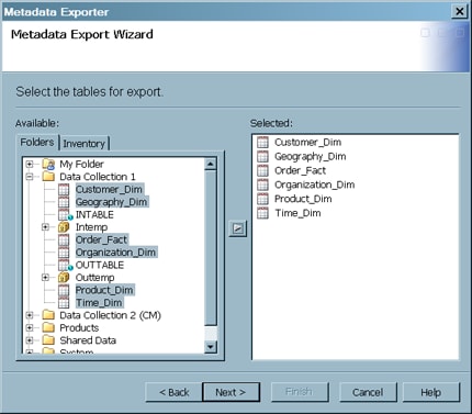 Select the Tables for Export Page