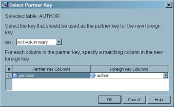 Select Partner Key Window: Foreign Key Column Selected