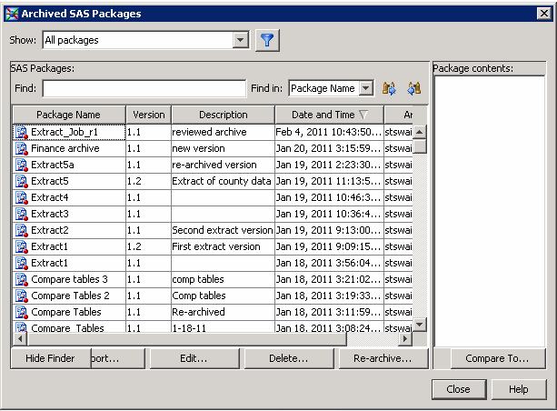 Archived SAS Packages Window
