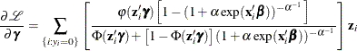 \[  \frac{\partial \mathcal{L}}{\partial \bgamma } = \sum _{\{ i: y_{i}=0\} } \left[\frac{\varphi (\mathbf{z}_{i}\bgamma ) \left[1-(1+\alpha \exp (\mathbf{x}_{i}\bbeta ))^{-\alpha ^{-1}} \right]}{ \Phi (\mathbf{z}_{i}\bgamma ) + \left[1- \Phi (\mathbf{z}_{i}\bgamma )\right] (1+\alpha \exp (\mathbf{x}_{i}\bbeta ))^{-\alpha ^{-1}}} \right] \mathbf{z}_{i}  \]