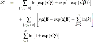 \begin{eqnarray*}  \mathcal{L} &  = &  \sum _{\{ i: y_{i}=0\} } \ln \left[\exp (\mathbf{z}_{i}’\bgamma )+\exp (-\exp (\mathbf{x}_{i}’\bbeta )) \right] \\ & &  + \sum _{\{ i: y_{i}>0\} }\left[y_{i} \mathbf{x}_{i}’\bbeta -\exp (\mathbf{x}_{i}’\bbeta ) - \sum _{k=2}^{y_{i}}\ln (k) \right] \\ & &  - \sum _{i=1}^{N}\ln \left[ 1 + \exp (\mathbf{z}_{i}’\bgamma ) \right] \end{eqnarray*}