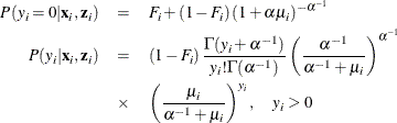 \begin{eqnarray*}  P(y_{i}=0|\mathbf{x}_{i},\mathbf{z}_{i}) & =&  F_{i} + \left(1 - F_{i}\right)(1+\alpha \mu _{i})^{-\alpha ^{-1}} \\ P(y_{i}|\mathbf{x}_{i},\mathbf{z}_{i}) & =&  \left(1- F_{i} \right) \frac{\Gamma (y_{i}+\alpha ^{-1})}{y_{i}! \Gamma (\alpha ^{-1})}\left(\frac{\alpha ^{-1}}{\alpha ^{-1}+\mu _{i}} \right)^{\alpha ^{-1}} \\ &  \times &  \left(\frac{\mu _{i}}{\alpha ^{-1}+\mu _{i}} \right)^{y_{i}} , \quad y_{i}>0 \end{eqnarray*}