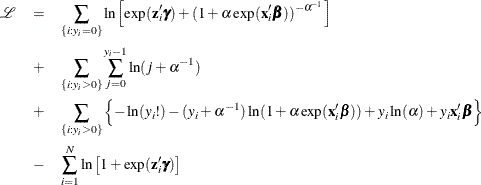\begin{eqnarray*}  \mathcal{L} &  = &  \sum _{\{ i: y_{i}=0\} } \ln \left[\exp (\mathbf{z}_{i}’\bgamma )+(1+\alpha \exp (\mathbf{x}_{i}’\bbeta ))^{-\alpha ^{-1}} \right] \\ &  + &  \sum _{\{ i: y_{i}>0\} } \sum _{j=0}^{y_{i}-1}\ln (j+\alpha ^{-1}) \\ &  + &  \sum _{\{ i: y_{i}>0\} } \left\{  -\ln (y_{i}!) - (y_{i}+\alpha ^{-1}) \ln (1+\alpha \exp (\mathbf{x}_{i}^{\prime }\bbeta )) +y_{i}\ln (\alpha ) + y_{i}\mathbf{x}_{i}^{\prime }\bbeta \right\}  \\ &  - &  \sum _{i=1}^{N}\ln \left[ 1 + \exp (\mathbf{z}_{i}’\bgamma ) \right] \end{eqnarray*}