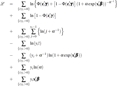 \begin{eqnarray*}  \mathcal{L} &  = &  \sum _{\{ i: y_{i}=0\} } \ln \left\{  \Phi (\mathbf{z}_{i}’\bgamma ) + \left[ 1 - \Phi (\mathbf{z}_{i}’\bgamma ) \right] (1+\alpha \exp (\mathbf{x}_{i}’\bbeta ))^{-\alpha ^{-1}} \right\}  \\ &  + &  \sum _{\{ i: y_{i}>0\} } \ln \left[ 1 - \Phi (\mathbf{z}_{i}’\bgamma ) \right] \\ &  + &  \sum _{\{ i: y_{i}>0\} } \sum _{j=0}^{y_{i}-1} \left\{  \ln (j+\alpha ^{-1})\right\}  \\ &  - &  \sum _{\{ i: y_{i}>0\} } \ln (y_{i}!) \\ &  - &  \sum _{\{ i: y_{i}>0\} } (y_{i}+\alpha ^{-1}) \ln (1+\alpha \exp (\mathbf{x}_{i}^{\prime }\bbeta )) \\ &  + &  \sum _{\{ i: y_{i}>0\} } y_{i}\ln (\alpha ) \\ &  + &  \sum _{\{ i: y_{i}>0\} }y_{i} \mathbf{x}_{i}^{\prime }\bbeta \end{eqnarray*}