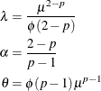 \begin{align*}  \lambda & = \frac{\mu ^{2-p}}{\phi (2-p)} \\ \alpha & = \frac{2-p}{p-1} \\ \theta & = \phi (p-1) \mu ^{p-1} \end{align*}