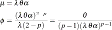 \begin{align*}  \mu & = \lambda \theta \alpha \\ \phi & = \frac{(\lambda \theta \alpha )^{2-p}}{\lambda (2-p)} = \frac{\theta }{(p-1) (\lambda \theta \alpha )^{p-1}} \end{align*}