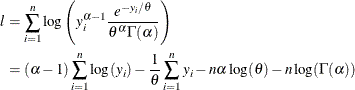 \begin{align*}  l & = \sum _{i=1}^{n} \log \left( y_ i^{\alpha -1} \frac{e^{-y_ i/\theta }}{\theta ^\alpha \Gamma (\alpha )} \right) \\ & = (\alpha - 1) \sum _{i=1}^{n} \log (y_ i) - \frac{1}{\theta } \sum _{i=1}^{n} y_ i - n \alpha \log (\theta ) - n \log (\Gamma (\alpha )) \end{align*}