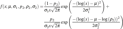\begin{align*} f(x;\mu ,\sigma _1,p_2,\rho _2,\sigma _2) = & \frac{(1-p_2)}{\sigma _1 x \sqrt {2\pi }} \exp \left(\frac{-(\log (x) - \mu )^2}{2\sigma _1^2}\right) + \\ & \frac{p_2}{\sigma _2 x \sqrt {2\pi }} \exp \left(\frac{-(\log (x) - \mu - \log (\rho _2))^2}{2\sigma _2^2}\right) \end{align*}