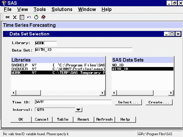 Data Set Selection Window after Creating Time ID