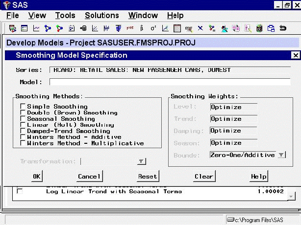 Smoothing Model Specification Window