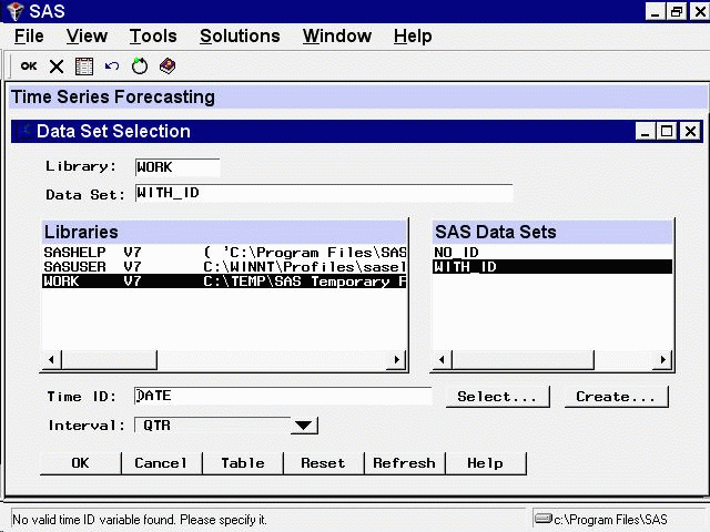 Data Set Selection Window after Creating Time ID