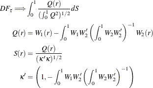 \begin{align*}  DF_\tau \Longrightarrow & \int _0^1 \frac{Q(r)}{(\int _0^1 Q^2)^{1/2}} dS\\ Q(r) & =W_1(r) -\int _0^1 W_1 W_2’ \left(\int _0^1 W_2 W_2’\right)^{-1} W_2(r)\\ S(r)& = \frac{Q(r)}{(\kappa  \kappa )^{1/2}}\\ \kappa ’ & = \left(1, -\int _0^1 W_1 W_2’ \left(\int _0^1 W_2 W_2’\right)^{-1} \right) \end{align*}