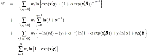 \begin{eqnarray*}  \mathcal{L} &  = &  \sum _{\{ i: y_{i}=0\} } w_ i\ln \left[\exp (\mathbf{z}_{i}’\bgamma )+(1+\alpha \exp (\mathbf{x}_{i}’\bbeta ))^{-\alpha ^{-1}} \right] \\ &  + &  \sum _{\{ i: y_{i}>0\} } w_ i\sum _{j=0}^{y_{i}-1}\ln (j+\alpha ^{-1}) \\ &  + &  \sum _{\{ i: y_{i}>0\} } w_ i\left\{  -\ln (y_{i}!) - (y_{i}+\alpha ^{-1}) \ln (1+\alpha \exp (\mathbf{x}_{i}^{\prime }\bbeta )) +y_{i}\ln (\alpha ) + y_{i}\mathbf{x}_{i}^{\prime }\bbeta \right\}  \\ &  - &  \sum _{i=1}^{N}w_ i\ln \left[ 1 + \exp (\mathbf{z}_{i}’\bgamma ) \right] \end{eqnarray*}
