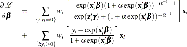 \begin{eqnarray*}  \frac{\partial \mathcal{L}}{\partial \bbeta } &  = &  \sum _{\{ i: y_{i}=0\} } w_ i\left[\frac{-\exp (\mathbf{x}_{i}\bbeta ) (1+\alpha \exp (\mathbf{x}_{i}\bbeta ))^{-\alpha ^{-1}-1}}{\exp (\mathbf{z}_{i}\bgamma ) + (1+\alpha \exp (\mathbf{x}_{i}\bbeta ))^{-\alpha ^{-1}}}\right] \mathbf{x}_{i} \\ &  + &  \sum _{\{ i: y_{i}>0\} } w_ i\left[ \frac{y_{i} - \exp (\mathbf{x}_{i}\bbeta )}{1 + \alpha \exp (\mathbf{x}_{i}\bbeta )} \right] \mathbf{x}_{i} \end{eqnarray*}