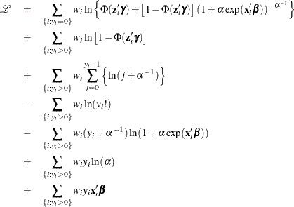 \begin{eqnarray*}  \mathcal{L} &  = &  \sum _{\{ i: y_{i}=0\} } w_ i\ln \left\{  \Phi (\mathbf{z}_{i}’\bgamma ) + \left[ 1 - \Phi (\mathbf{z}_{i}’\bgamma ) \right] (1+\alpha \exp (\mathbf{x}_{i}’\bbeta ))^{-\alpha ^{-1}} \right\}  \\ &  + &  \sum _{\{ i: y_{i}>0\} } w_ i\ln \left[ 1 - \Phi (\mathbf{z}_{i}’\bgamma ) \right] \\ &  + &  \sum _{\{ i: y_{i}>0\} } w_ i\sum _{j=0}^{y_{i}-1} \left\{  \ln (j+\alpha ^{-1})\right\}  \\ &  - &  \sum _{\{ i: y_{i}>0\} } w_ i\ln (y_{i}!) \\ &  - &  \sum _{\{ i: y_{i}>0\} } w_ i(y_{i}+\alpha ^{-1}) \ln (1+\alpha \exp (\mathbf{x}_{i}^{\prime }\bbeta )) \\ &  + &  \sum _{\{ i: y_{i}>0\} } w_ iy_{i}\ln (\alpha ) \\ &  + &  \sum _{\{ i: y_{i}>0\} } w_ iy_{i} \mathbf{x}_{i}^{\prime }\bbeta \end{eqnarray*}