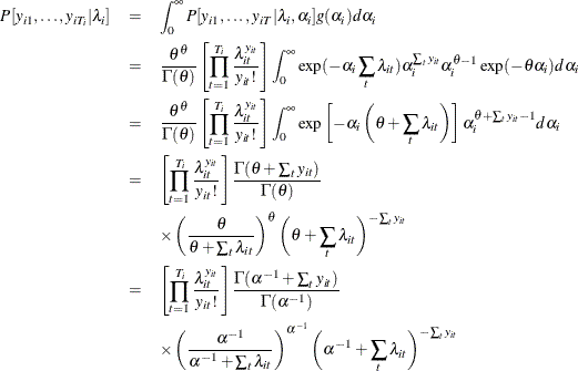 \begin{eqnarray*}  P[y_{i1},\ldots ,y_{iT_{i}}|\lambda _{i}] &  = &  \int _{0}^{\infty } P[y_{i1},\ldots ,y_{iT}|\lambda _{i},\alpha _{i}] g(\alpha _{i}) d\alpha _{i} \\ &  = &  \frac{\theta ^{\theta }}{\Gamma (\theta )} \left[ \prod _{t=1}^{T_{i}} \frac{\lambda _{it}^{y_{it}}}{y_{it}!} \right] \int _{0}^{\infty } \exp (-\alpha _{i} \sum _{t} \lambda _{it}) \alpha _{i}^{\sum _{t} y_{it}} \alpha _{i}^{\theta -1} \exp (-\theta \alpha _{i}) d\alpha _{i} \\ &  = &  \frac{\theta ^{\theta }}{\Gamma (\theta )} \left[ \prod _{t=1}^{T_{i}} \frac{\lambda _{it}^{y_{it}}}{y_{it}!} \right] \int _{0}^{\infty } \exp \left[ -\alpha _{i} \left( \theta + \sum _{t} \lambda _{it} \right) \right] \alpha _{i}^{\theta + \sum _{t} y_{it}-1} d\alpha _{i} \\ &  = &  \left[ \prod _{t=1}^{T_{i}} \frac{\lambda _{it}^{y_{it}}}{y_{it}!} \right] \frac{\Gamma (\theta + \sum _{t} y_{it})}{\Gamma (\theta )} \\ & &  \times \left(\frac{\theta }{\theta +\sum _{t} \lambda _{it}} \right)^{\theta } \left(\theta + \sum _{t} \lambda _{it} \right)^{-\sum _{t} y_{it}} \\ &  = &  \left[ \prod _{t=1}^{T_{i}} \frac{\lambda _{it}^{y_{it}}}{y_{it}!} \right] \frac{\Gamma (\alpha ^{-1}+ \sum _{t} y_{it})}{\Gamma (\alpha ^{-1})} \\ & &  \times \left(\frac{\alpha ^{-1}}{\alpha ^{-1}+\sum _{t} \lambda _{it}} \right)^{\alpha ^{-1}} \left(\alpha ^{-1} + \sum _{t} \lambda _{it} \right)^{-\sum _{t} y_{it}} \end{eqnarray*}