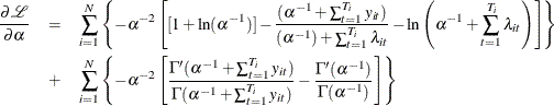 \begin{eqnarray*}  \frac{\partial \mathcal{L}}{\partial \alpha } &  = &  \sum _{i=1}^{N} \left\{  -\alpha ^{-2} \left[ [1+ \ln (\alpha ^{-1})] - \frac{(\alpha ^{-1}+\sum _{t=1}^{T_{i}} y_{it})}{(\alpha ^{-1})+ \sum _{t=1}^{T_{i}}\lambda _{it}} - \ln \left(\alpha ^{-1} + \sum _{t=1}^{T_{i}} \lambda _{it} \right) \right] \right\}  \\ & + &  \sum _{i=1}^{N} \left\{  -\alpha ^{-2} \left[ \frac{\Gamma (\alpha ^{-1}+ \sum _{t=1}^{T_{i}} y_{it})}{\Gamma (\alpha ^{-1} +\sum _{t=1}^{T_{i}} y_{it})} -\frac{\Gamma (\alpha ^{-1})}{\Gamma (\alpha ^{-1})} \right] \right\}  \end{eqnarray*}