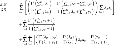 \begin{eqnarray*}  \frac{\partial \mathcal{L}}{\partial \beta }& = &  \sum _{i=1}^{N}\left[\left(\frac{\Gamma \left(\sum _{t=1}^{T_{i}}\lambda _{it}\right)}{\Gamma \left(\sum _{t=1}^{T_{i}}\lambda _{it}\right)}-\frac{\Gamma \left(\sum _{t=1}^{T_{i}}\lambda _{it}+\sum _{t=1}^{T_{i}}y_{it}\right)}{\Gamma \left(\sum _{t=1}^{T_{i}}\lambda _{it}+\sum _{t=1}^{T_{i}}y_{it}\right)}\right)\sum _{t=1}^{T_{i}}\lambda _{it}\mathbf{x}_{it}\right]\\ & &  +\sum _{i=1}^{N}\frac{\Gamma \left(\sum _{t=1}^{T_{i}}y_{it}+1\right)}{\Gamma \left(\sum _{t=1}^{T_{i}}y_{it}+1\right)}\\ & &  +\sum _{i=1}^{N}\sum _{t=1}^{T_{i}}\left[\left(\frac{\Gamma \left(\lambda _{it}+y_{it}\right)}{\Gamma \left(\lambda _{it}+y_{it}\right)}-\frac{\Gamma \left(\lambda _{it}\right)}{\Gamma \left(\lambda _{it}\right)}\right)\lambda _{it}\mathbf{x}_{it}-\frac{\Gamma \left(y_{it}+1\right)}{\Gamma \left(y_{it}+1\right)}\right] \end{eqnarray*}