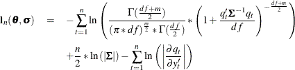 \begin{eqnarray*}  \Strong{l}_{n}(\btheta , \bsigma ) & =&  -\sum _{t=1}^ n \ln \left(\frac{ \Gamma ( \frac{df +m}{2} ) }{ ( \pi * df)^{\frac{m}{2}} * \Gamma ( \frac{df}{2} )} * \left( 1 + \frac{q_ t \bSigma ^{-1} q_ t}{df} \right)^{-\frac{df+m}{2} } \right) \nonumber \\ & &  + \frac{n}{2}*\ln \left(\left|\bSigma \right|\right) - \sum _{t=1}^ n \ln \left(\left|\frac{\partial q_ t}{ \partial y_ t} \right| \right) \nonumber \end{eqnarray*}