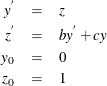 \begin{eqnarray*}  y^{} & =&  z \\ z^{} & =&  b y^{} + c y \\ y_{0} & =&  0 \\ z_{0} & =&  1 \nonumber \end{eqnarray*}