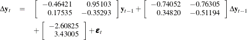 \begin{eqnarray*}  \Delta \mb {y} _ t & =&  \left[ \begin{array}{rr} -0.46421 &  0.95103 \\ 0.17535 &  -0.35293 \end{array} \right] \mb {y} _{t-1} + \left[ \begin{array}{rr} -0.74052 &  -0.76305 \\ 0.34820 &  -0.51194 \end{array} \right] \Delta \mb {y} _{t-1} \\ & &  + \left[ \begin{array}{r} -2.60825 \\ 3.43005 \end{array} \right] + \bepsilon _ t \end{eqnarray*}