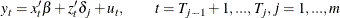 \[  y_ t = x_ t’\beta + z_ t’\delta _ j+u_ t,\quad \quad t=T_{j-1}+1,...,T_ j,j=1,...,m  \]