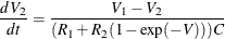 \[  \frac{d\mi{V} _{2}}{dt} = \frac{\mi{V} _{1} -\mi{V} _{2}}{(\mi{R} _{1}+\mi{R} _{2}(1-\mr{exp}(-\mi{V} ))) \mi{C} }  \]