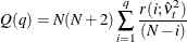 \[ Q(q) = N(N+2)\sum _{i=1}^{q}{\frac{r(i; \hat{{\nu }}^{2}_{t})}{(N-i)}} \]