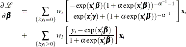 \begin{eqnarray*} \frac{\partial \mathcal{L}}{\partial \bbeta } & = & \sum _{\{ i: y_{i}=0\} } w_ i\left[\frac{-\exp (\mathbf{x}_{i}'\bbeta ) (1+\alpha \exp (\mathbf{x}_{i}'\bbeta ))^{-\alpha ^{-1}-1}}{\exp (\mathbf{z}_{i}'\bgamma ) + (1+\alpha \exp (\mathbf{x}_{i}'\bbeta ))^{-\alpha ^{-1}}}\right] \mathbf{x}_{i} \\ & + & \sum _{\{ i: y_{i}>0\} } w_ i\left[ \frac{y_{i} - \exp (\mathbf{x}_{i}'\bbeta )}{1 + \alpha \exp (\mathbf{x}_{i}'\bbeta )} \right] \mathbf{x}_{i} \end{eqnarray*}
