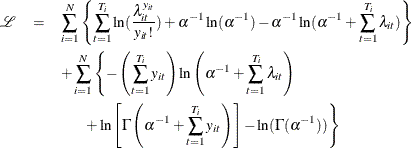 \begin{eqnarray*} \mathcal{L} & = & \sum _{i=1}^{N} \left\{ \sum _{t=1}^{T_{i}} \ln (\frac{\lambda _{it}^{y_{it}}}{y_{it}!}) + \alpha ^{-1} \ln (\alpha ^{-1}) -\alpha ^{-1} \ln (\alpha ^{-1}+\sum _{t=1}^{T_{i}}\lambda _{it}) \right\} \\ & & + \sum _{i=1}^{N} \left\{ - \left( \sum _{t=1}^{T_{i}}y_{it} \right) \ln \left(\alpha ^{-1}+\sum _{t=1}^{T_{i}}\lambda _{it}\right) \right. \\ & & \left. \; \; \; \; \; \; \; + \ln \left[\Gamma \left(\alpha ^{-1}+ \sum _{t=1}^{T_{i}}y_{it} \right)\right] -\ln (\Gamma (\alpha ^{-1})) \right\} \end{eqnarray*}