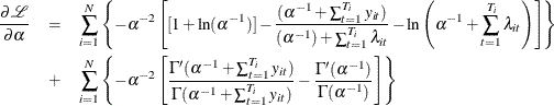 \begin{eqnarray*} \frac{\partial \mathcal{L}}{\partial \alpha } & = & \sum _{i=1}^{N} \left\{ -\alpha ^{-2} \left[ [1+ \ln (\alpha ^{-1})] - \frac{(\alpha ^{-1}+\sum _{t=1}^{T_{i}} y_{it})}{(\alpha ^{-1})+ \sum _{t=1}^{T_{i}}\lambda _{it}} - \ln \left(\alpha ^{-1} + \sum _{t=1}^{T_{i}} \lambda _{it} \right) \right] \right\} \\ & + & \sum _{i=1}^{N} \left\{ -\alpha ^{-2} \left[ \frac{\Gamma '(\alpha ^{-1}+ \sum _{t=1}^{T_{i}} y_{it})}{\Gamma (\alpha ^{-1} +\sum _{t=1}^{T_{i}} y_{it})} -\frac{\Gamma '(\alpha ^{-1})}{\Gamma (\alpha ^{-1})} \right] \right\} \end{eqnarray*}