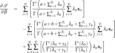 \begin{eqnarray*} \frac{\partial \mathcal{L}}{\partial \beta }& = & \sum _{i=1}^{N}\left[\frac{\Gamma '\left(a+\sum _{t=1}^{T_{i}}\lambda _{it}\right)}{\Gamma \left(a+\sum _{t=1}^{T_{i}}\lambda _{it}\right)}\sum _{t=1}^{T_{i}}\lambda _{it}\mathbf{x}_{it}\right]\\ & & -\sum _{i=1}^{N}\left[\frac{\Gamma '\left(a+b+\sum _{t=1}^{T_{i}}\lambda _{it}+\sum _{t=1}^{T_{i}}y_{it}\right)}{\Gamma \left(a+b+\sum _{t=1}^{T_{i}}\lambda _{it}+\sum _{t=1}^{T_{i}}y_{it}\right)}\sum _{t=1}^{T_{i}}\lambda _{it}\mathbf{x}_{it}\right]\\ & & +\sum _{i=1}^{N}\sum _{t=1}^{T_{i}}\left[\left(\frac{\Gamma '\left(\lambda _{it}+y_{it}\right)}{\Gamma \left(\lambda _{it}+y_{it}\right)}-\frac{\Gamma '\left(\lambda _{it}\right)}{\Gamma \left(\lambda _{it}\right)}\right)\lambda _{it}\mathbf{x}_{it}\right] \end{eqnarray*}