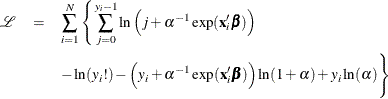 \begin{eqnarray*} \mathcal{L} & = & \sum _{i=1}^{N} \Bigg\{ \sum _{j=0}^{y_{i}-1} \ln \left(j+\alpha ^{-1}\exp (\mathbf{x}_{i}^{\prime }\bbeta ) \right) \\ & & -\ln (y_{i}!) -\left(y_{i}+\alpha ^{-1}\exp (\mathbf{x}_{i}^{\prime }\bbeta )\right)\ln (1+\alpha ) + y_{i}\ln (\alpha ) \Bigg\} \end{eqnarray*}