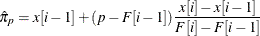 \[ \hat{\pi }_ p = x[i-1] + (p-F[i-1]) \frac{x[i]-x[i-1]}{F[i]-F[i-1]} \]