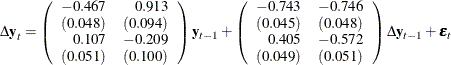\begin{eqnarray*} {\Delta \mb{y} }_ t = \left( \begin{array}{rr} -0.467 & 0.913 \\ (0.048) & (0.094)\\ 0.107 & -0.209 \\ (0.051) & (0.100)\\ \end{array} \right) \mb{y} _{t-1} + \left( \begin{array}{rr} -0.743 & -0.746 \\ (0.045)& (0.048) \\ 0.405 & -0.572 \\ (0.049) & (0.051)\\ \end{array} \right) \Delta \mb{y} _{t-1} + \bepsilon _ t \end{eqnarray*}