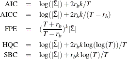 \begin{eqnarray*} \mbox{AIC} & = & \log (|\tilde{\Sigma }|) + 2r_ b k/T \\ \mbox{AICC}& = & \log (|\tilde{\Sigma }|) + 2r_ b k/(T-r_ b) \\ \mbox{FPE} & = & (\frac{T+r_ b}{T-r_ b})^{k}|\tilde{\Sigma }| \\ \mbox{HQC} & = & \log (|\tilde{\Sigma }|) + 2r_ b k\log (\log (T))/T \\ \mbox{SBC} & = & \log (|\tilde{\Sigma }|) + r_ b k\log (T)/T \end{eqnarray*}