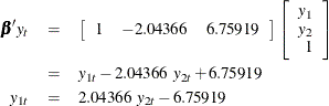 \begin{eqnarray*} {\bbeta }’y_ t & =& \left[ \begin{array}{rrr} 1 & -2.04366 & 6.75919 \\ \end{array} \right] \left[ \begin{array}{r} y_1 \\ y_2 \\ 1 \end{array} \right] \\ & =& y_{1t} - 2.04366~ y_{2t} + 6.75919 \\ y_{1t} & =& 2.04366~ y_{2t} - 6.75919 \end{eqnarray*}