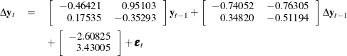 \begin{eqnarray*} \Delta \mb{y} _ t & =& \left[ \begin{array}{rr} -0.46421 & 0.95103 \\ 0.17535 & -0.35293 \end{array} \right] \mb{y} _{t-1} + \left[ \begin{array}{rr} -0.74052 & -0.76305 \\ 0.34820 & -0.51194 \end{array} \right] \Delta \mb{y} _{t-1} \\ & & + \left[ \begin{array}{r} -2.60825 \\ 3.43005 \end{array} \right] + \bepsilon _ t \end{eqnarray*}