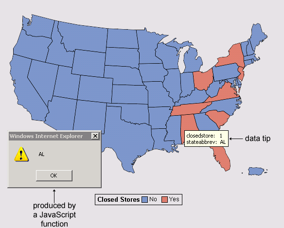 [A map of the United States with drill-down links for New York, New Jersey, Ohio, Virginia, Tennessee, South Carolina, Alabama, and Florida, and the result of clicking the state of Alabama]