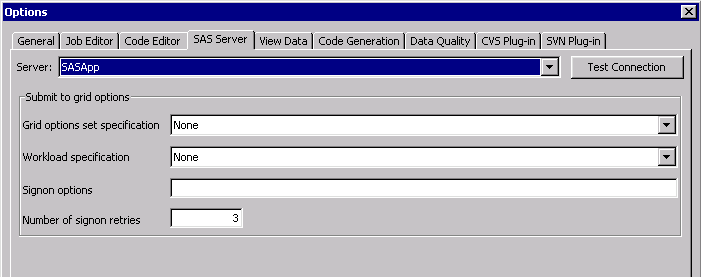 SAS Server tab on Options window