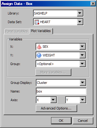 Assign Data dialog box, variables for the box plot