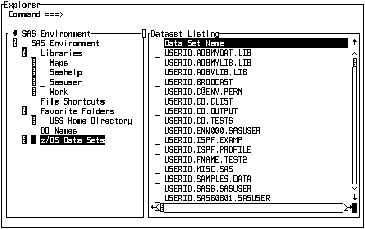 The Explorer window showing the USS Home Directory and the z/OS Data Sets nodes in the tree view.