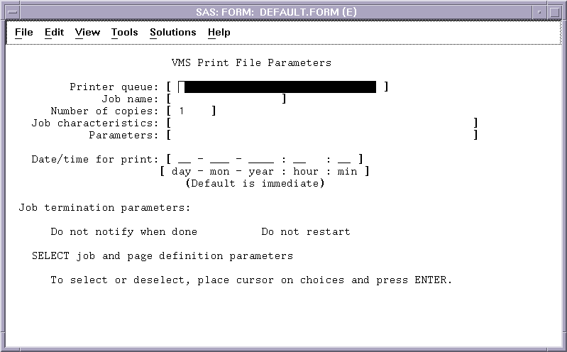 [OpenVMS Print File Parameters Window Frame]