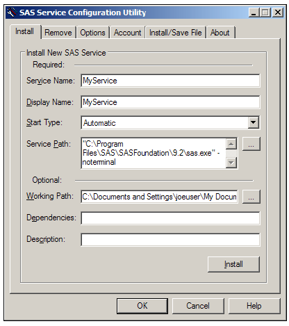 [The SAS Service Configuration Utility dialog box]